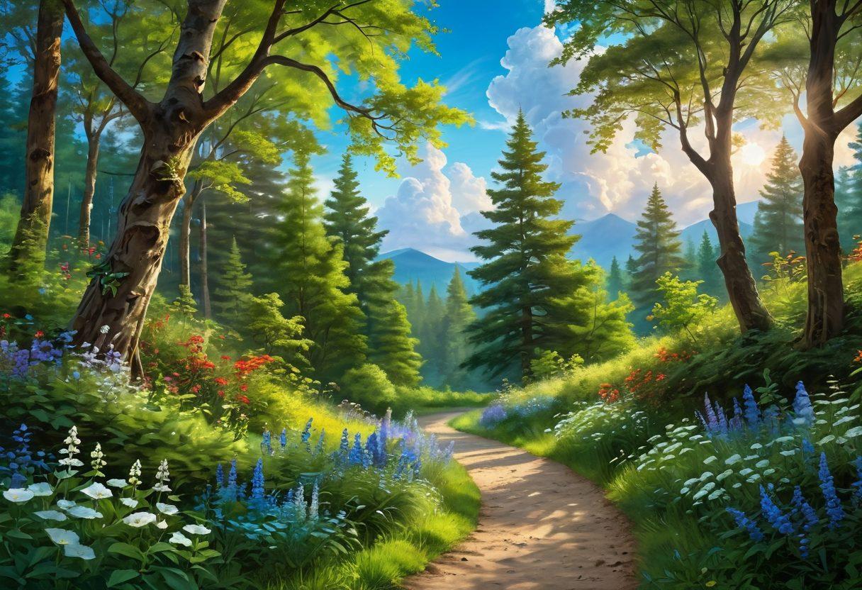 A serene landscape featuring a sunlit path winding through a lush green forest, where diverse individuals are joyfully engaging in activities like meditation, painting, and laughing together. In the foreground, cheerful flowers bloom, symbolizing growth and positivity. The sky is a vibrant blue with fluffy white clouds, emanating a sense of optimism. An ethereal glow surrounds the scene, creating a magical atmosphere. super-realistic. vibrant colors. soft focus.