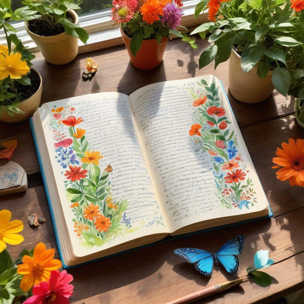 A whimsical, colorful diary open on a table, surrounded by blooming flowers and butterflies. The pages are filled with handwritten notes and sketches about joy and growth. A warm sunlight bathes the scene, casting cheerful shadows. In the background, a serene garden adds tranquility, symbolizing personal growth. vibrant colors. painting.