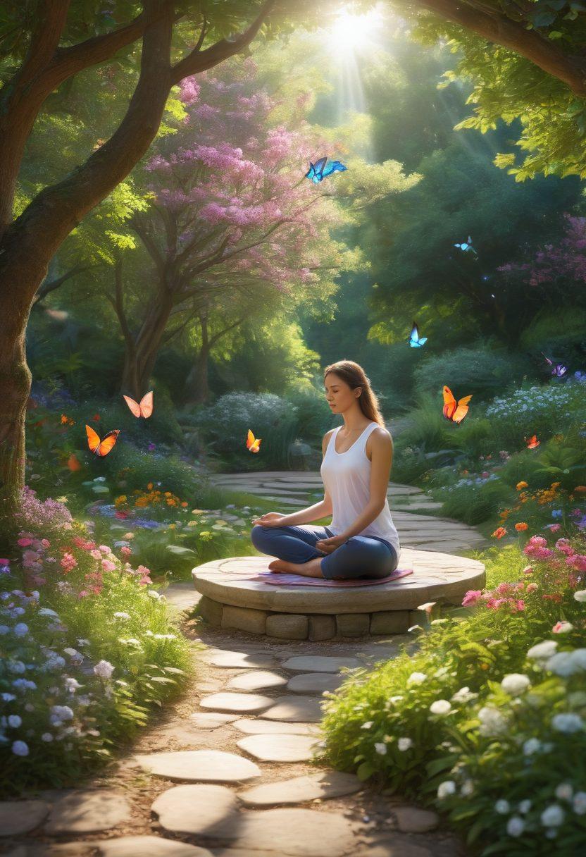 A serene garden scene with colorful blossoms and gentle sunlight filtering through lush green trees, where a woman named Nadine sits cross-legged in meditation, exuding radiance and tranquility. Surround her with floating soft, glowing orbs representing cheerfulness and inner peace, and include a winding pathway symbolizing the journey to well-being. Enchanting butterflies flutter around, creating a harmonious atmosphere. super-realistic. vibrant colors. peaceful ambiance.